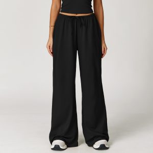 Women's Black Drawstring Wide Leg Yoga Pants