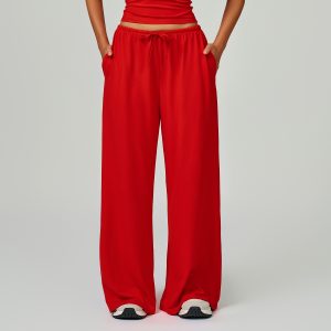Women's Bright Red Drawstring Wide Leg Yoga Pants