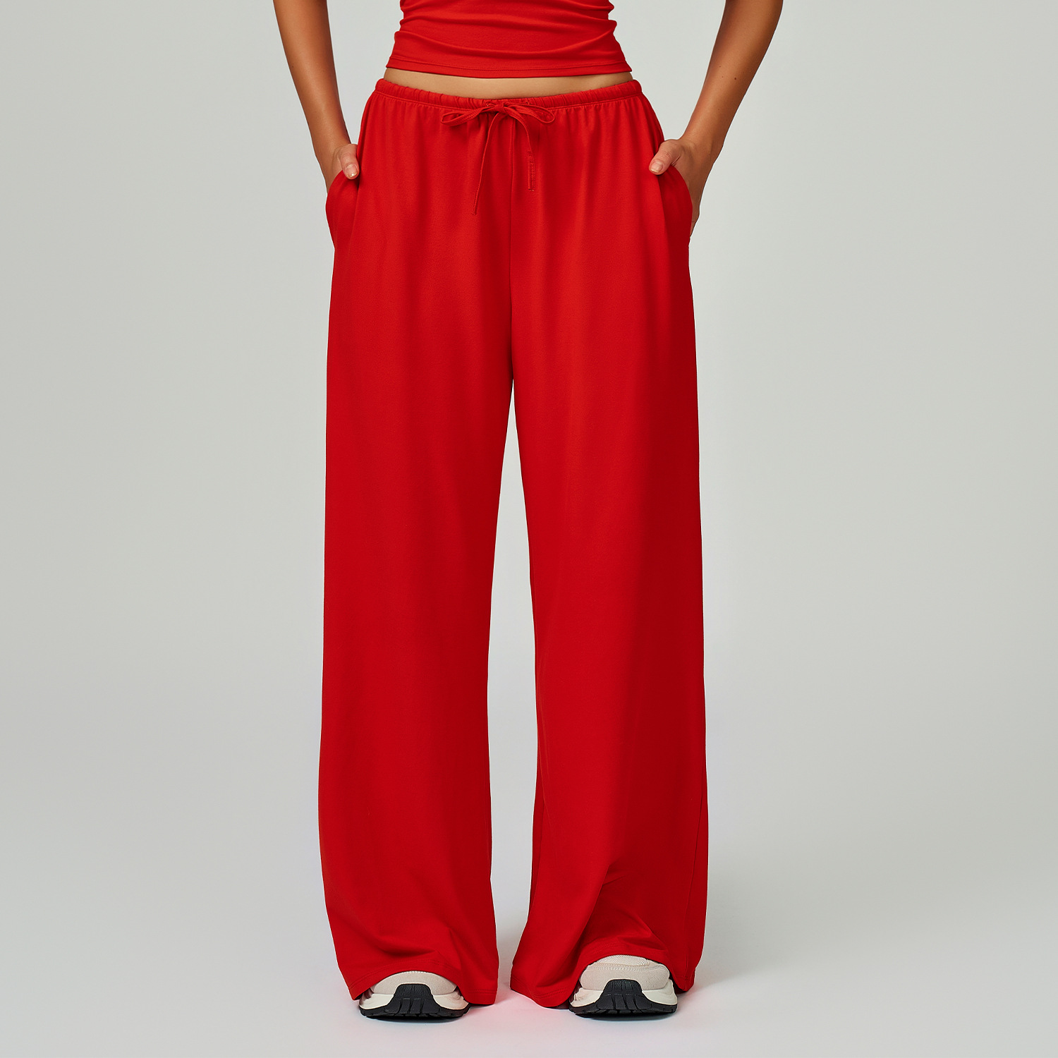 Women's Bright Red Drawstring Wide Leg Yoga Pants
