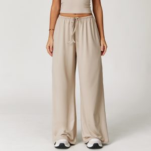 Women's Beige Drawstring Wide Leg Yoga Pants