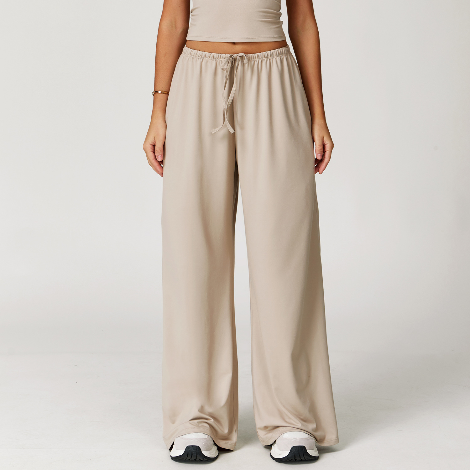 Women's Beige Drawstring Wide Leg Yoga Pants