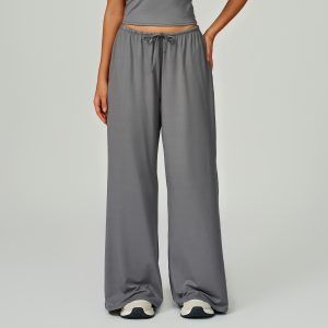 Women's Light Gray Drawstring Wide Leg Yoga Pants