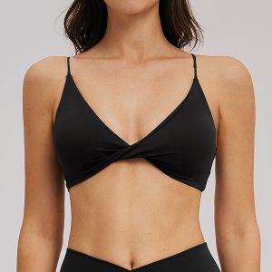 Women's Black Twist Front Wireless Yoga Sports Bra