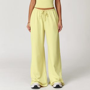 Women's Light Yellow Drawstring Wide Leg Yoga Pants