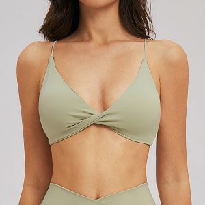 Women's Sage Green Twist Front Wireless Yoga Sports Bra